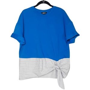 PROJECT RUNWAY Blue Short Sleeve Pinstripe Tie Knot Top Medium